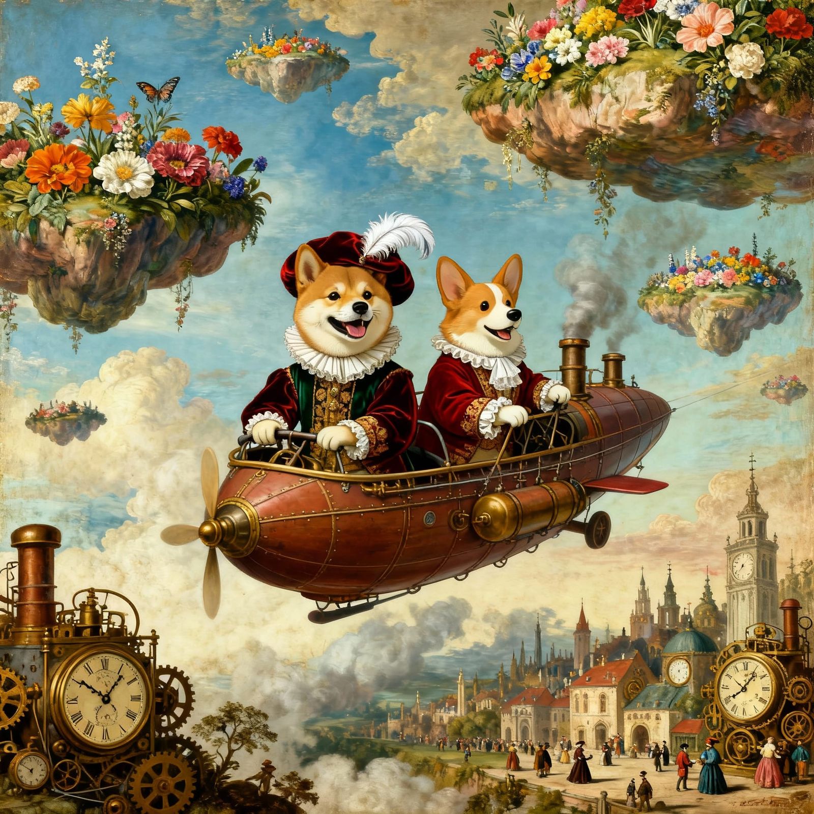Victorian Dogs Pilot Dirigible Over Clockwork City