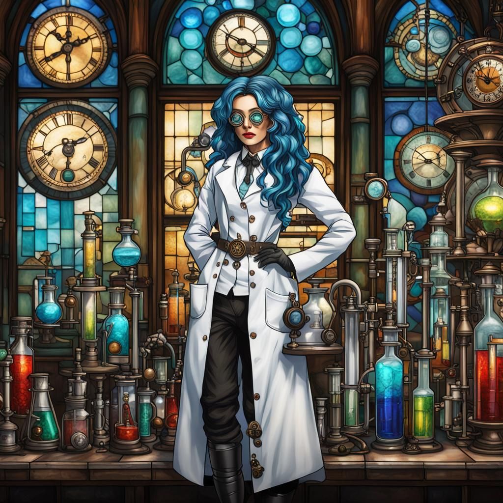 Steampunk Mad Scientist in Colorful Laboratory
