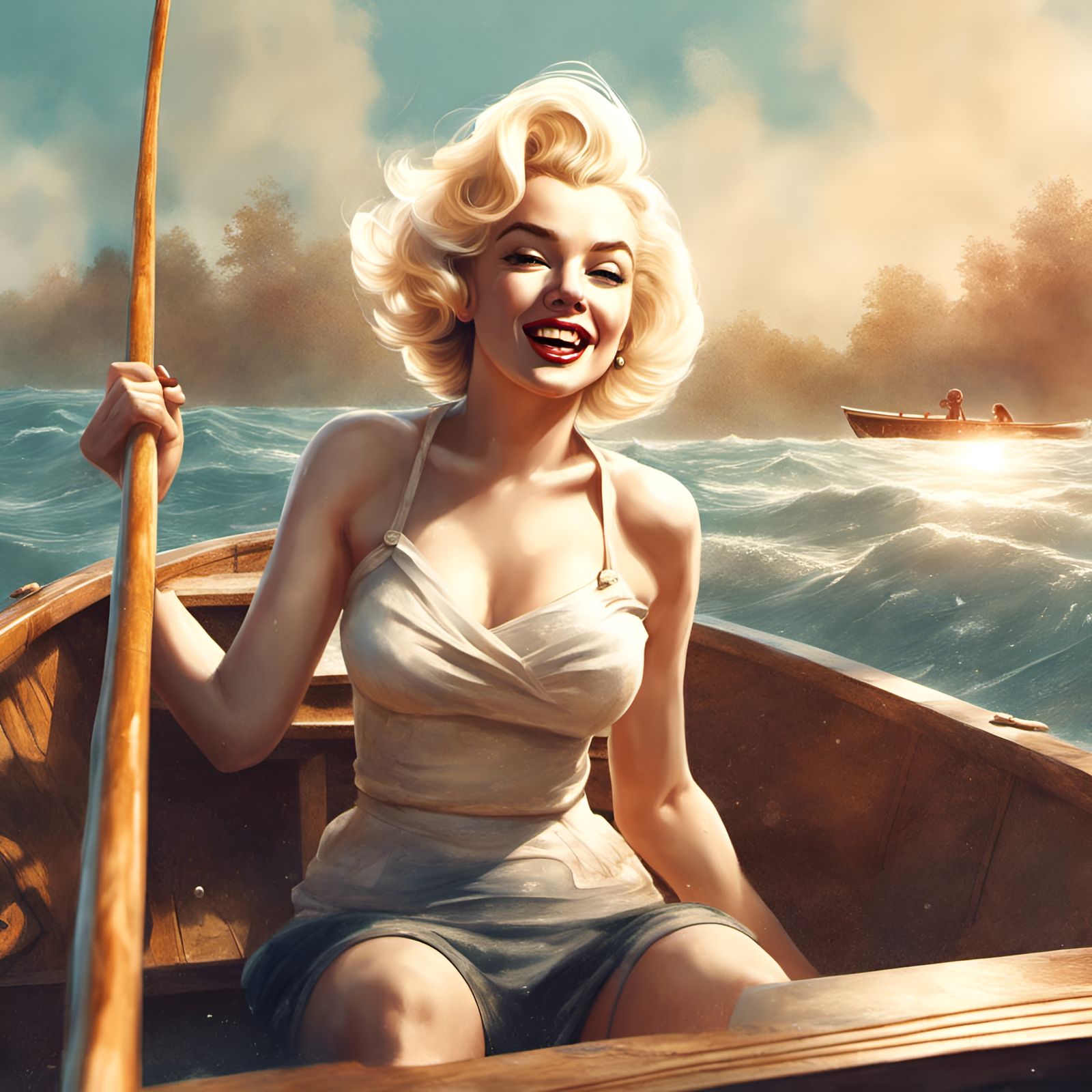 Marilyn Monroe Portrait Rowing Boat, Digital Illustration