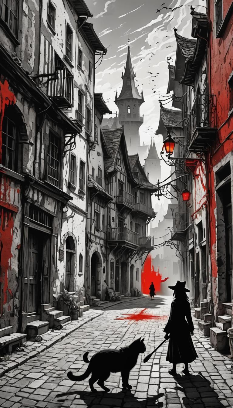 Witch and Cat Silhouettes Against Old City Barcode Backdrop