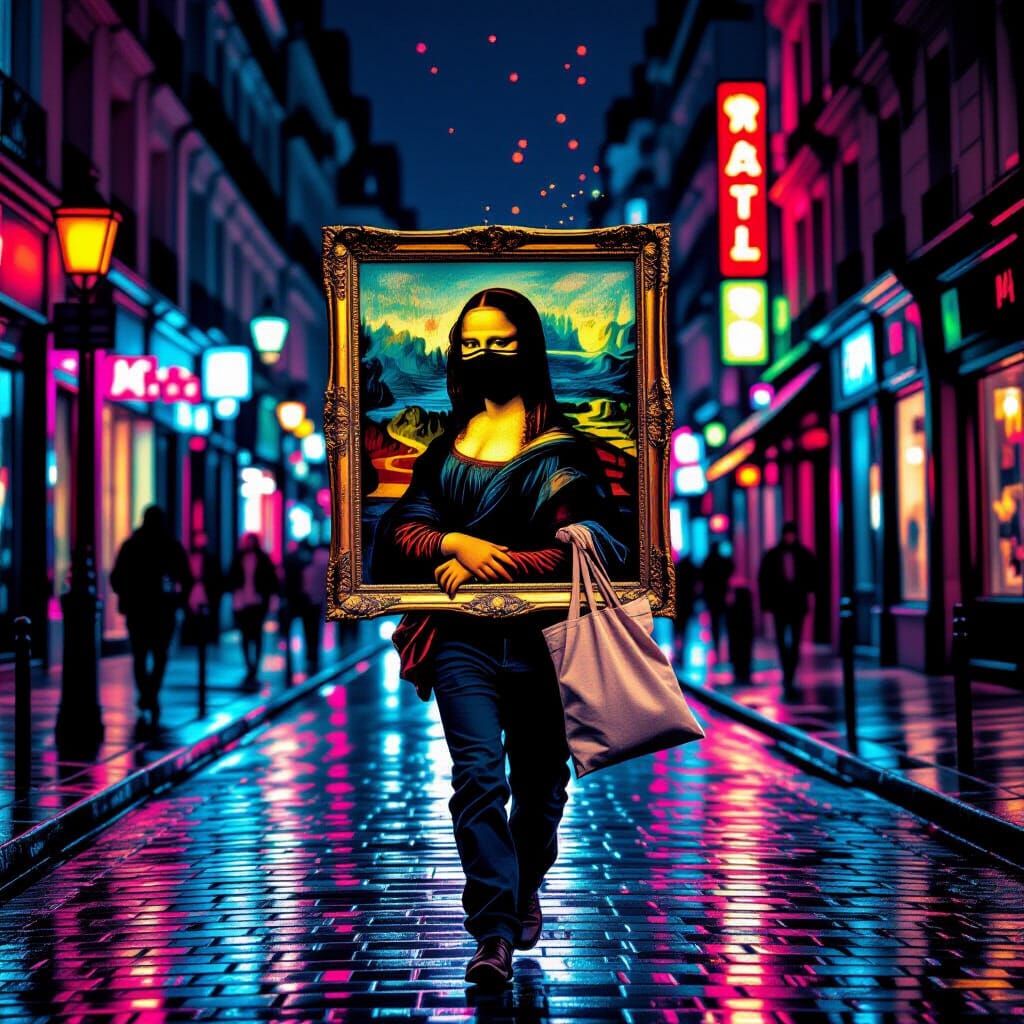 Mona Lisa Stolen in Paris Night, Pop Art Style