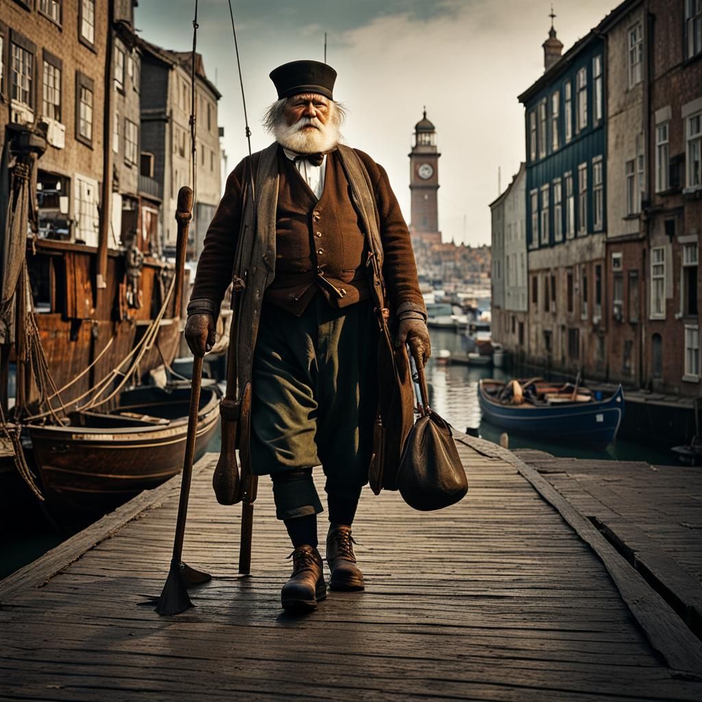 Obese Fishman in 1920s Harbor Scene