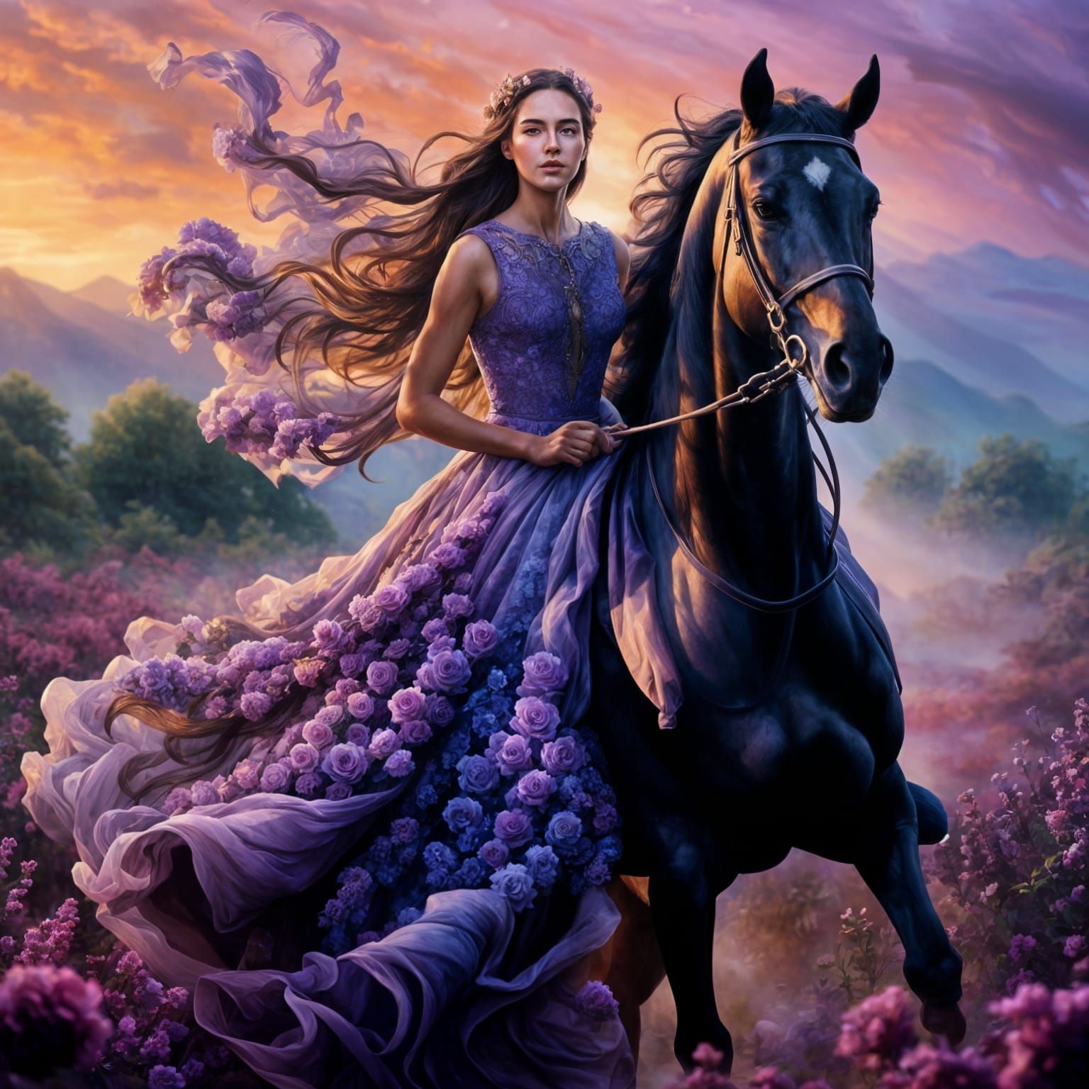 Woman Rides Smoke Horse Through Purple Rose Field