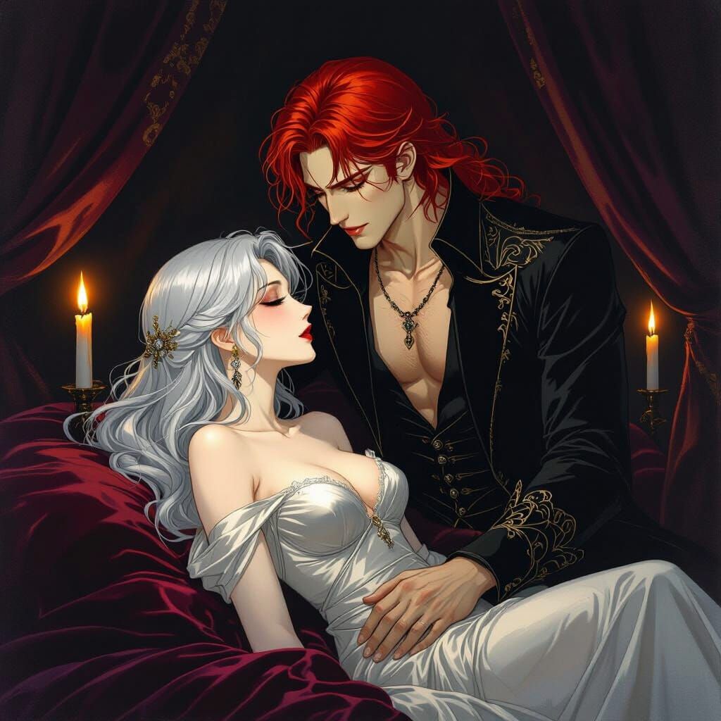 Dark Fantasy Anime Scene with Red-Haired Man