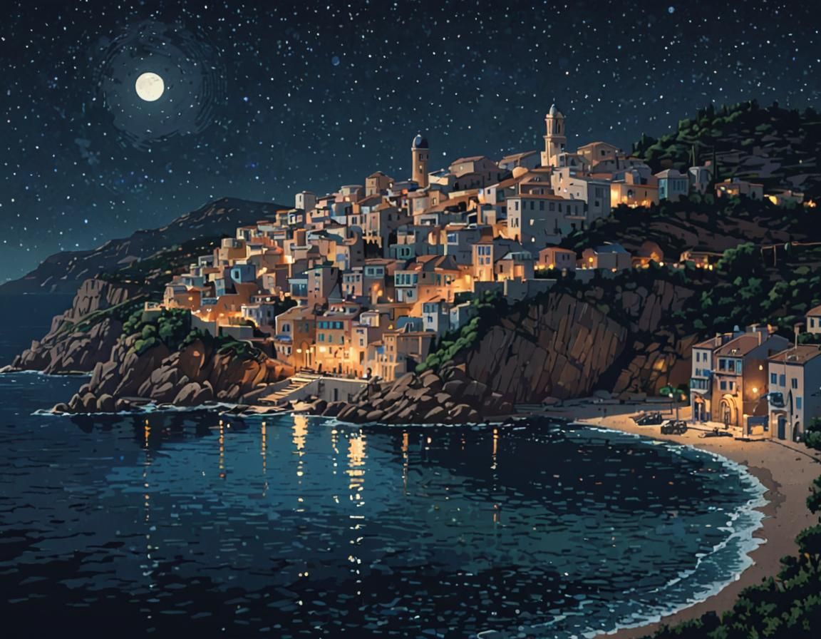 Geometric Pixel Art of Mediterranean Town at Night