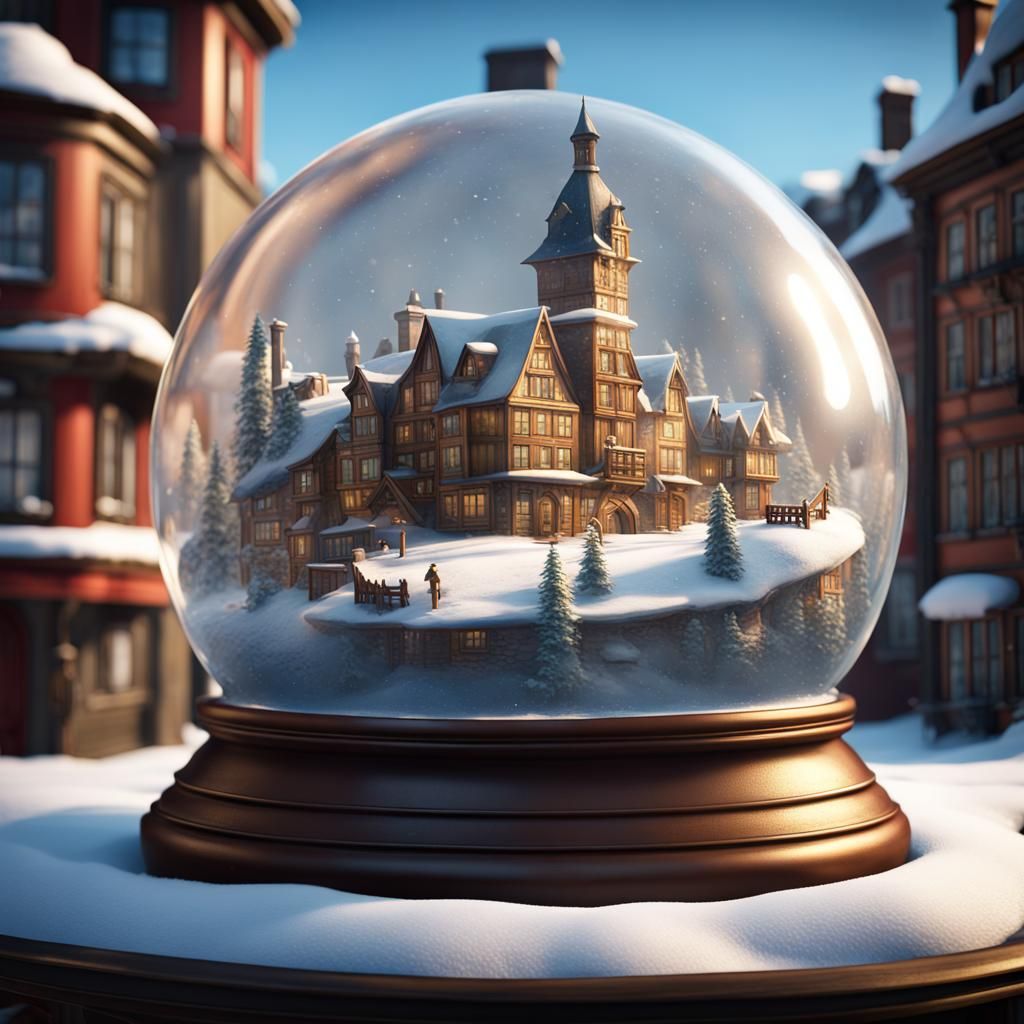Town Inside Snow Globe on Beach, Detailed Matte Painting