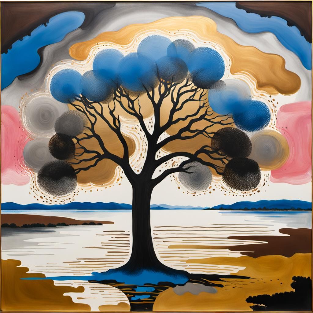 Hodgkin Style Tree Near Water Painting