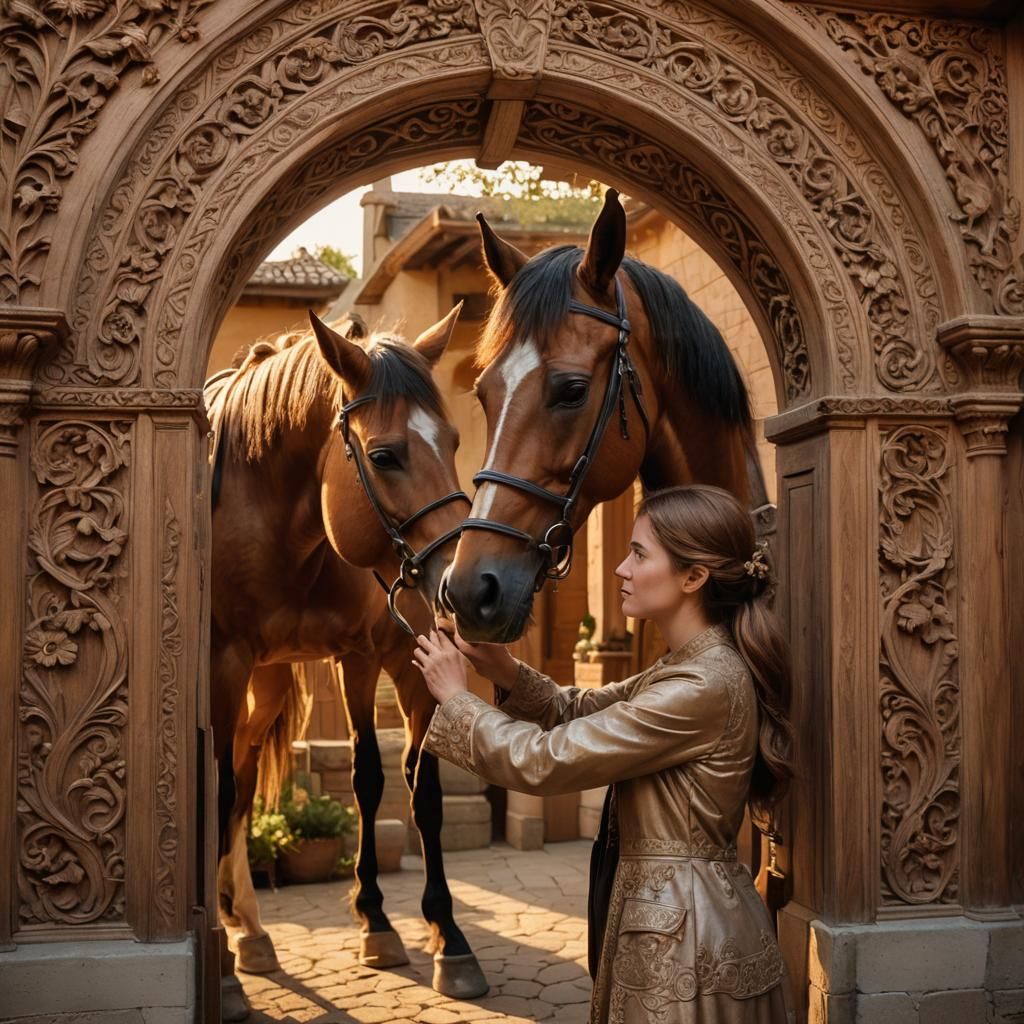 Renaissance-Inspired Wood Carving: Woman and Horse