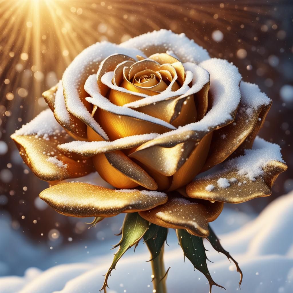 Sparkling Snow Over Golden Rose: Hyperrealistic Digital Art