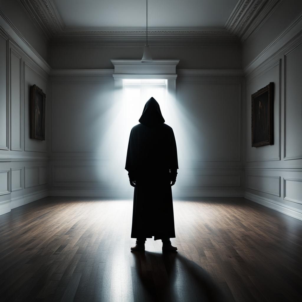 Dramatic Dark Hooded Figure in Empty Room