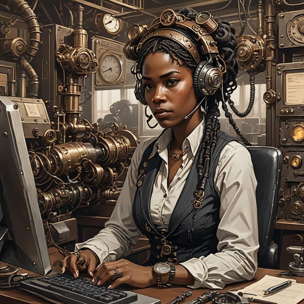 Steampunk Boredom: African American Woman in Cubicle
