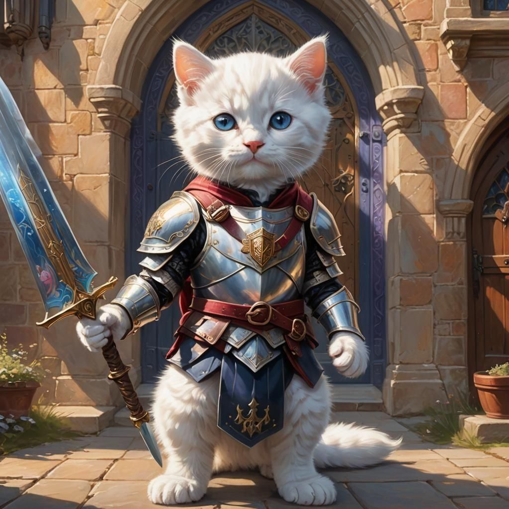 Armored Kitten Guard at Magic Academy: Digital Art
