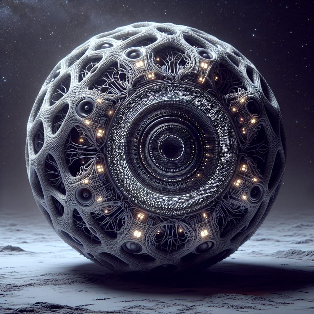 Crocheted Dyson Sphere with Glowing Circuitry