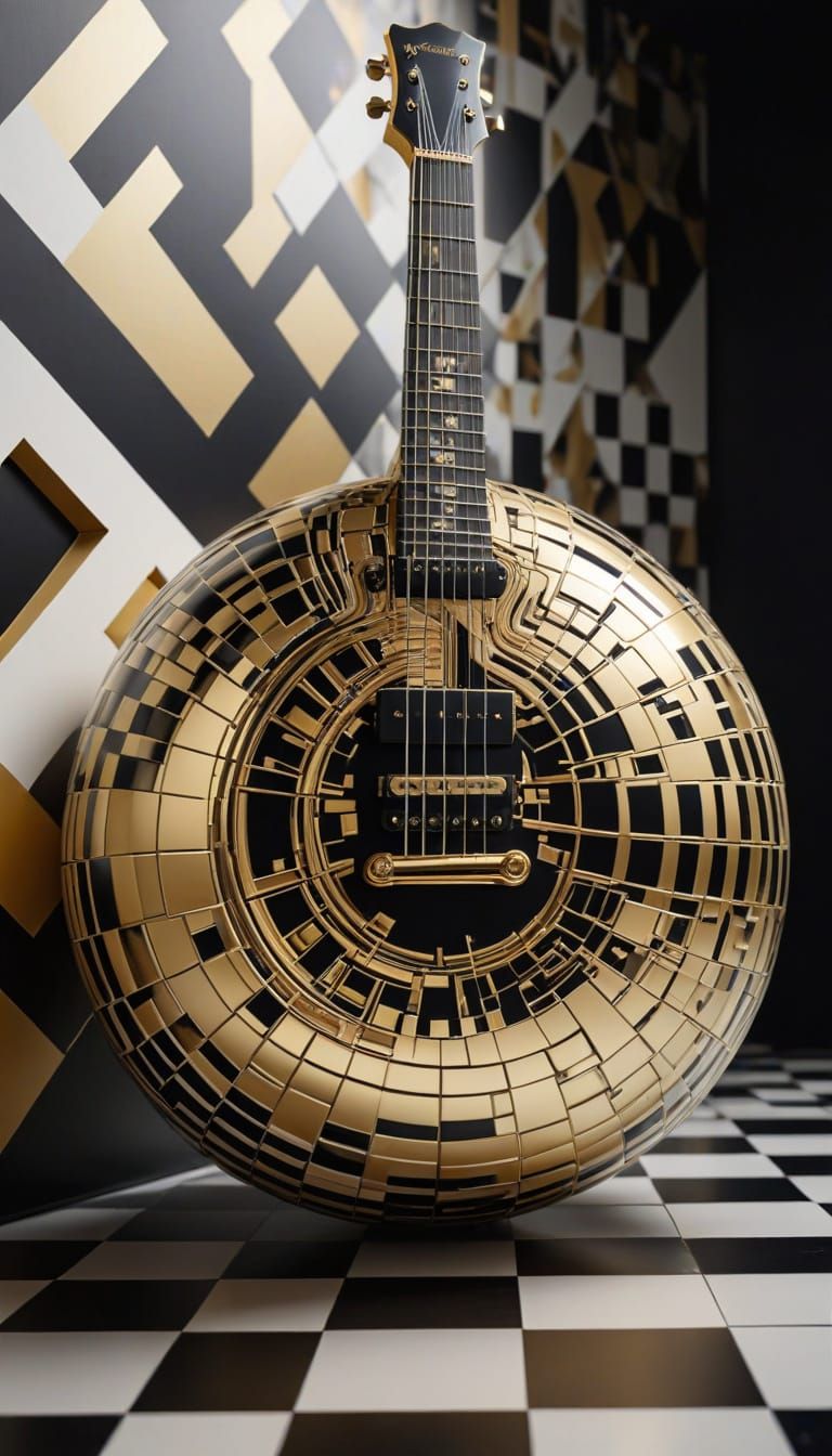 Surreal Op Art Guitar in Geometric Black and Gold
