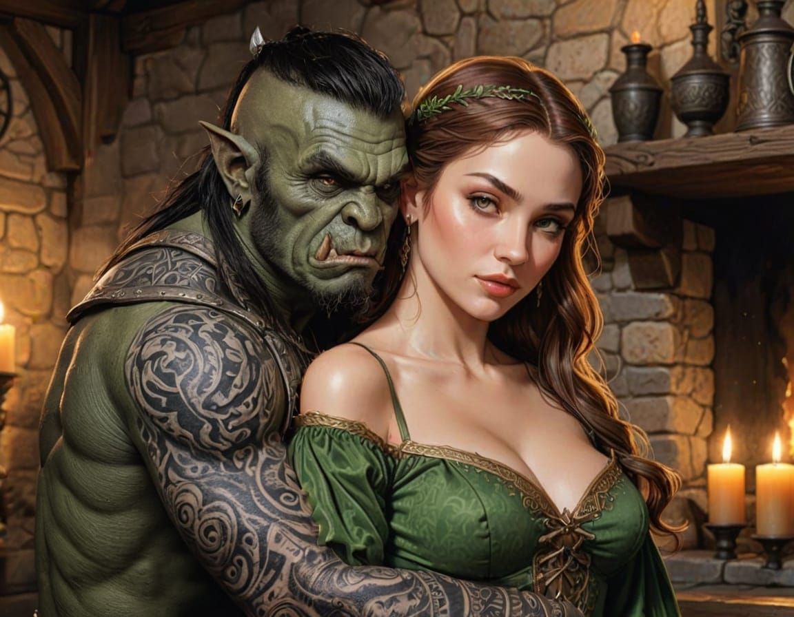 Elf and Orc Embrace in Medieval Tavern Comic Art