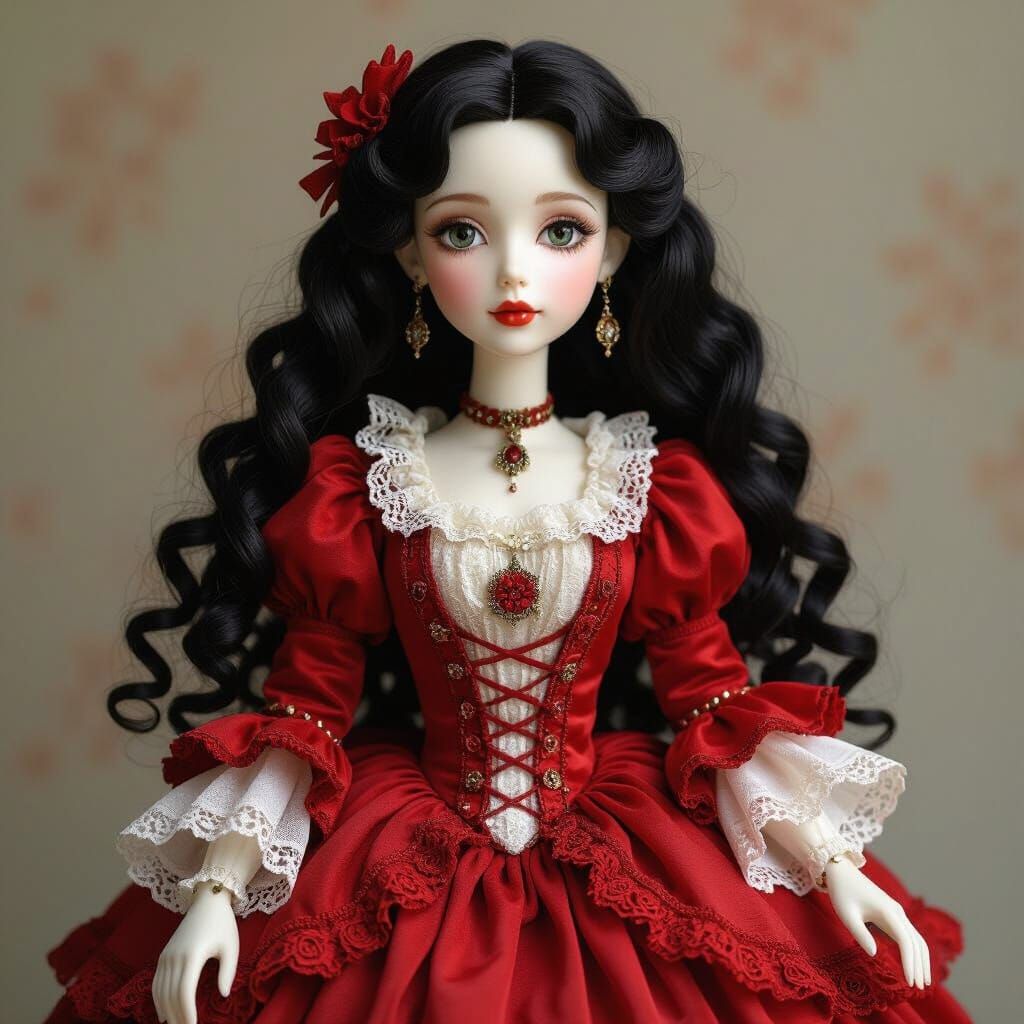 Victorian Doll with Red Dress in Art Nouveau Style