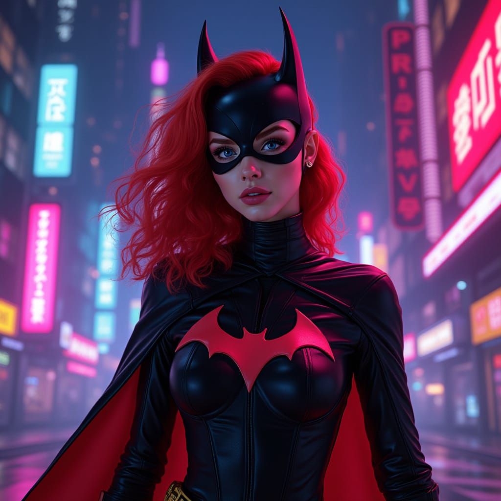 Batgirl in Neon Cityscape, Synthwave Style