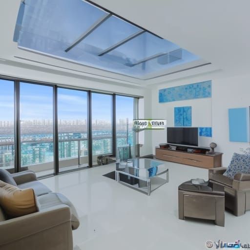 Fully functional penthouse with indoor tree& skylights& Sky blue walls with Silver accents& Sky blue ceiling& fully func...