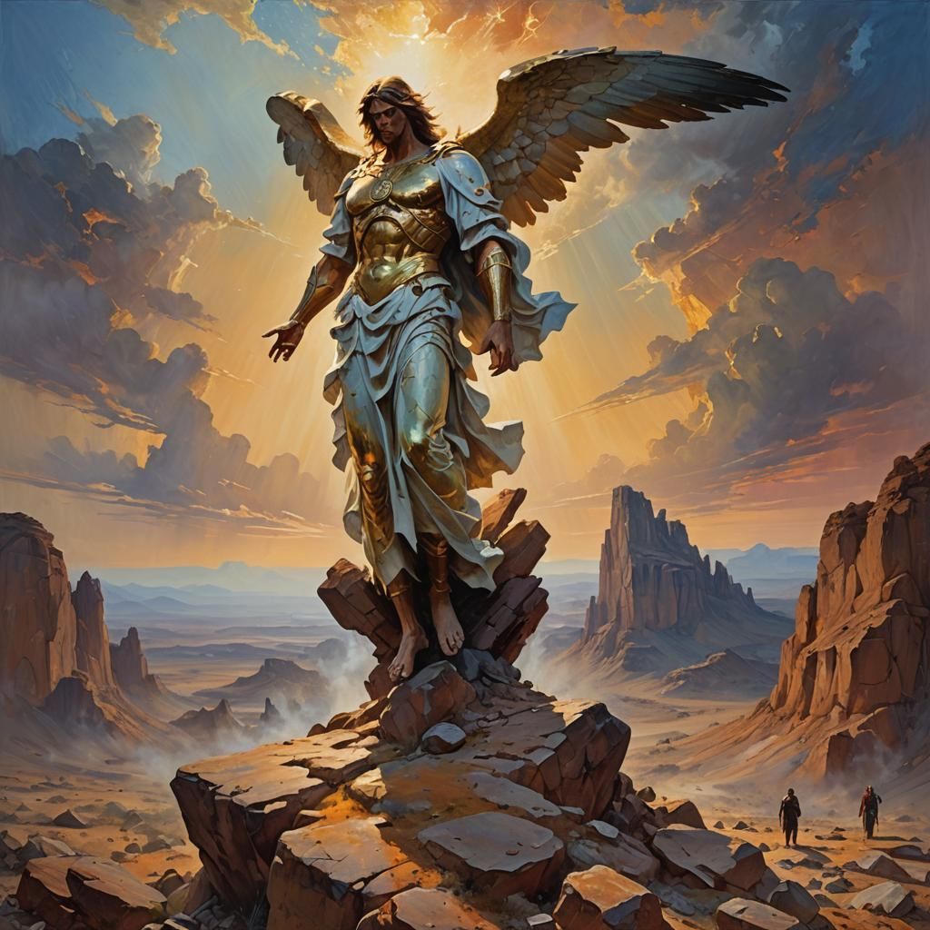 The scene should depict a dramatic and surreal landscape whe...