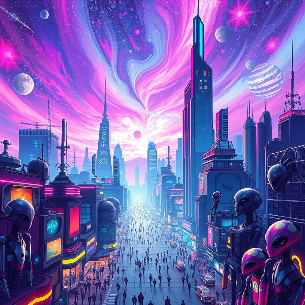 Vibrant Cyberpunk World with Robots and Aliens in a Kaleidos...