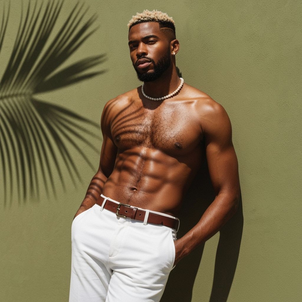 Handsome African Model Posing Against Olive Green Wall