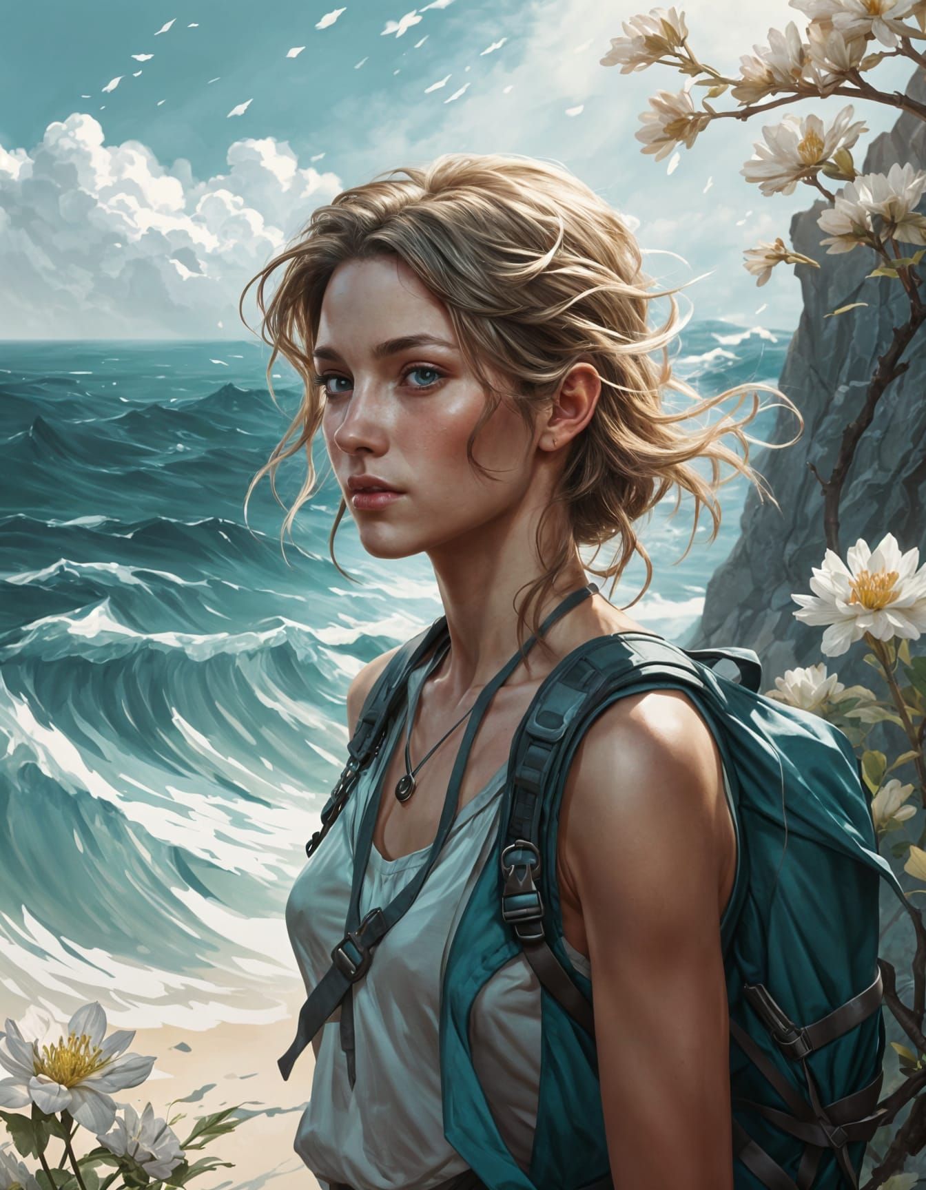 Ethereal Female Hiker in Radiant Coastal Landscape