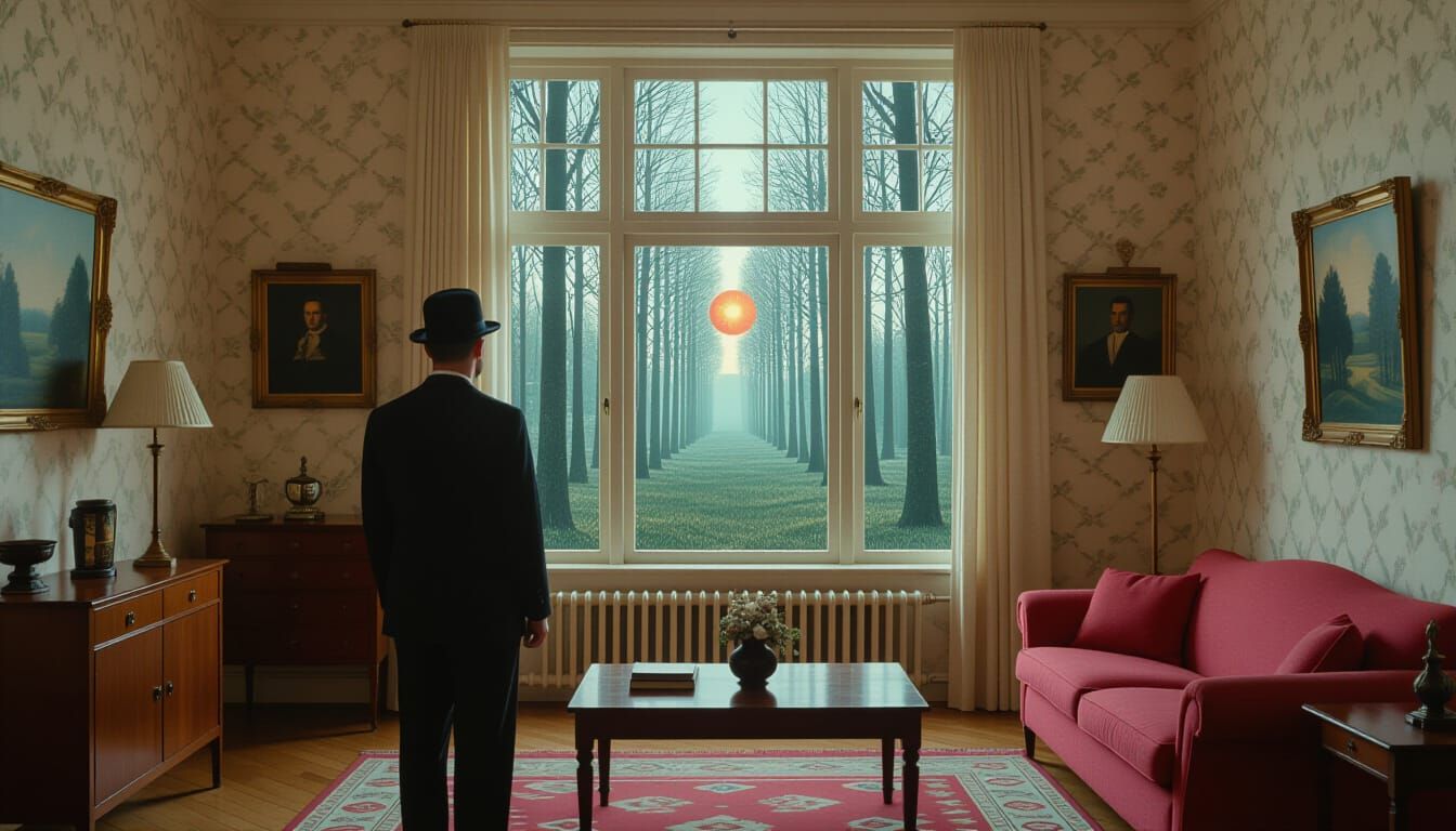 Man Gazes at Cosmic Living Room and Surreal Forest Window