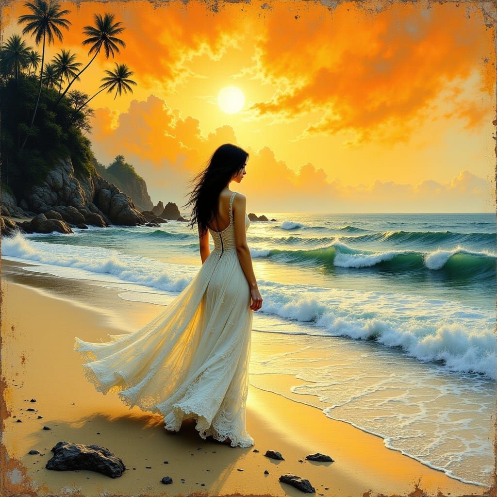 Woman on Beach in Art Nouveau Style