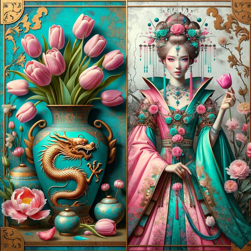 Pink Tulips in Baroque and Romantic Art Styles