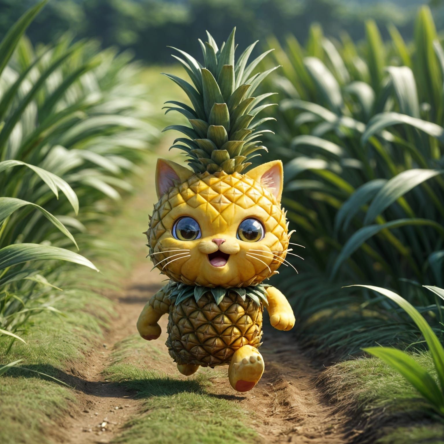 Chibi Pineapple Cat Runs Through a Sunny Field