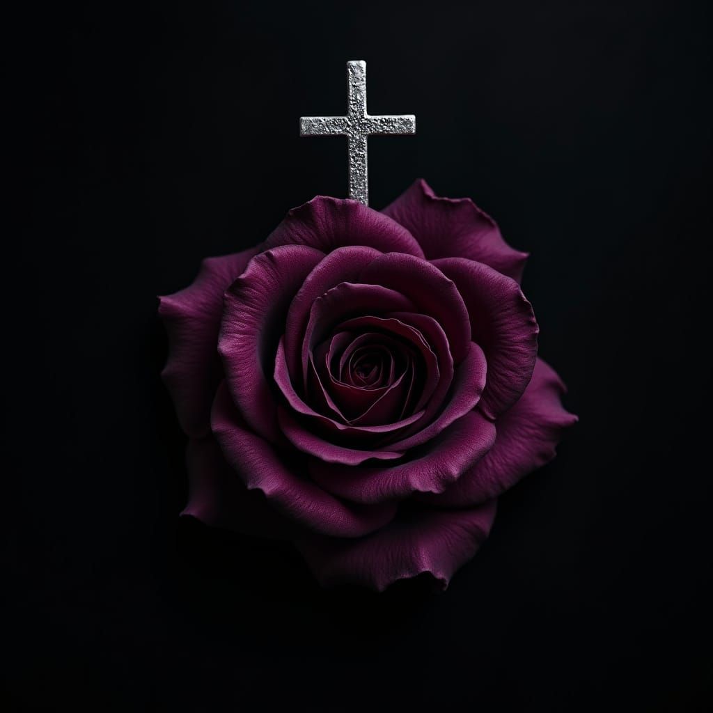 Dark Purple Rose with Cross: Dramatic Funeral Image