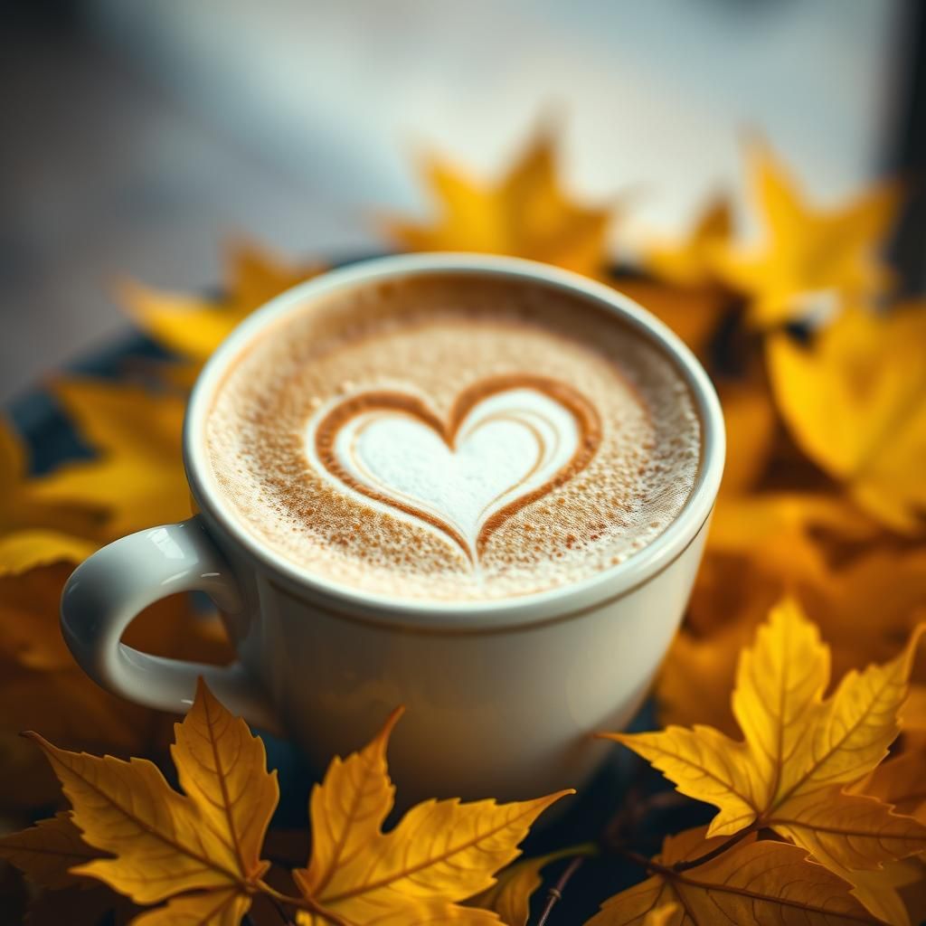 Latte Art Heart Surrounded by Autumn Maple Leaves
