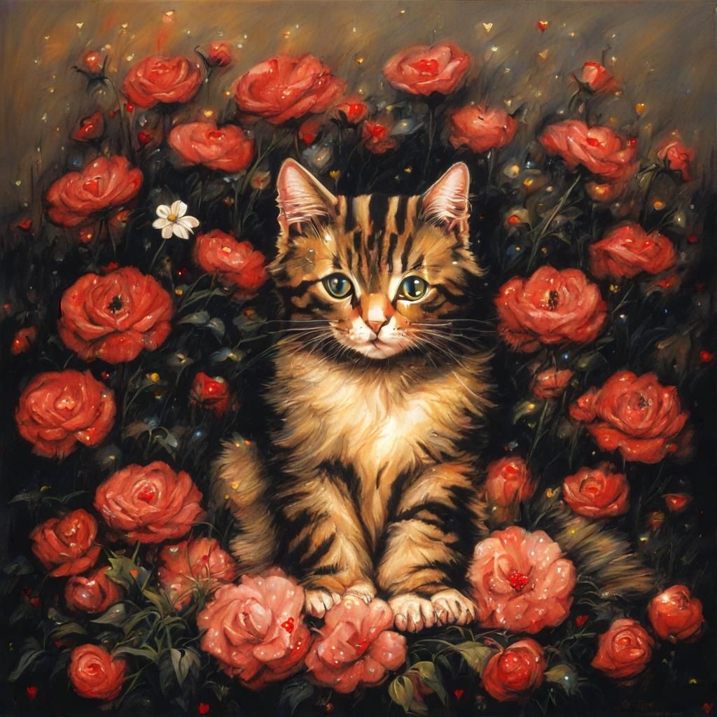 Cute Cat with Flowers in Baroque Style
