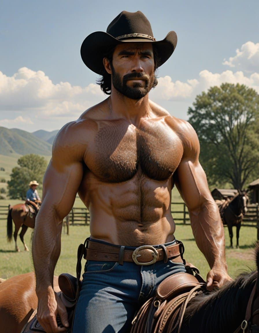 Tall, Dark Cowboy Rides Horse Across Sunlit Plains