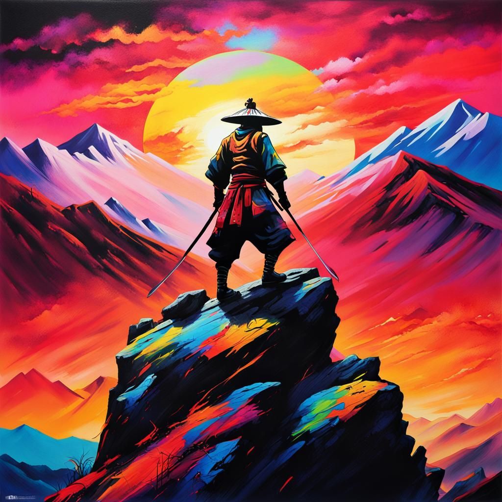 Samurai Silhouette at Sunset in Street Art Style