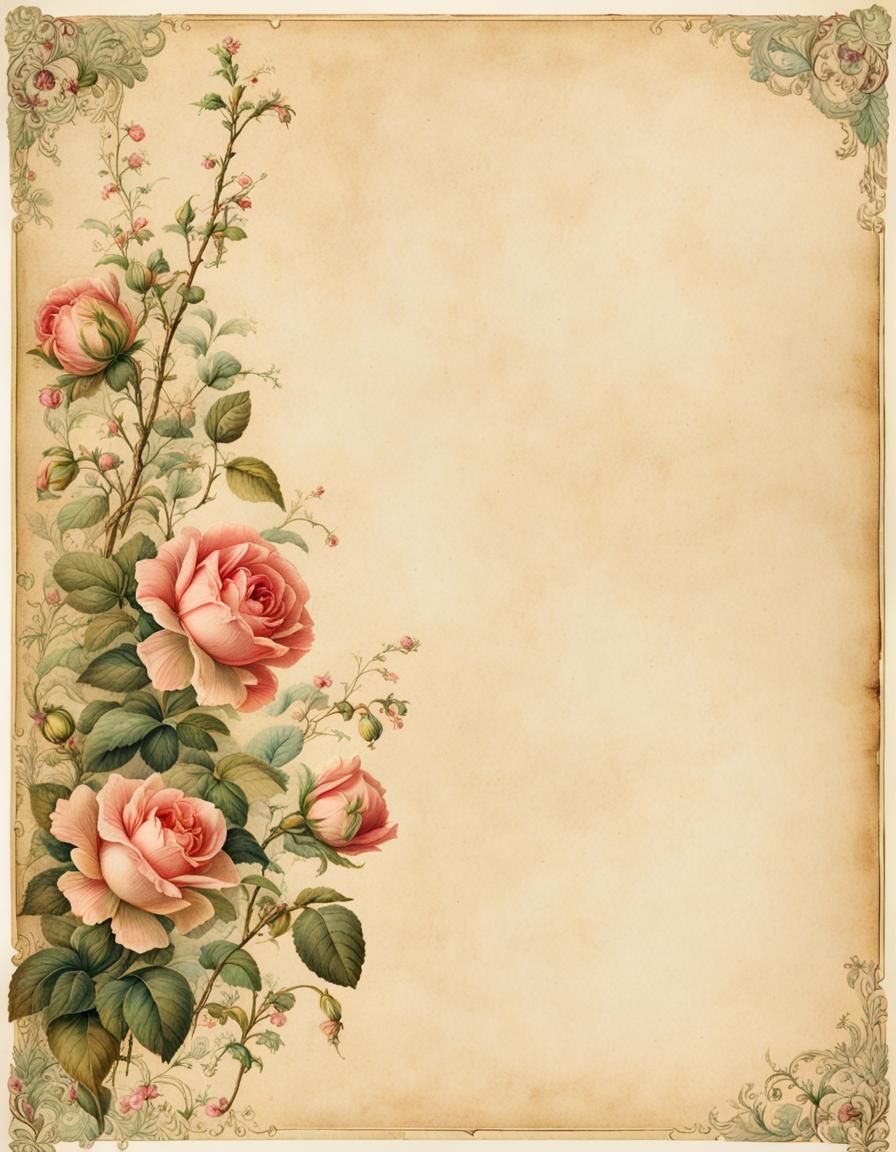 Vintage Parchment Paper with Victorian Rose Illustration