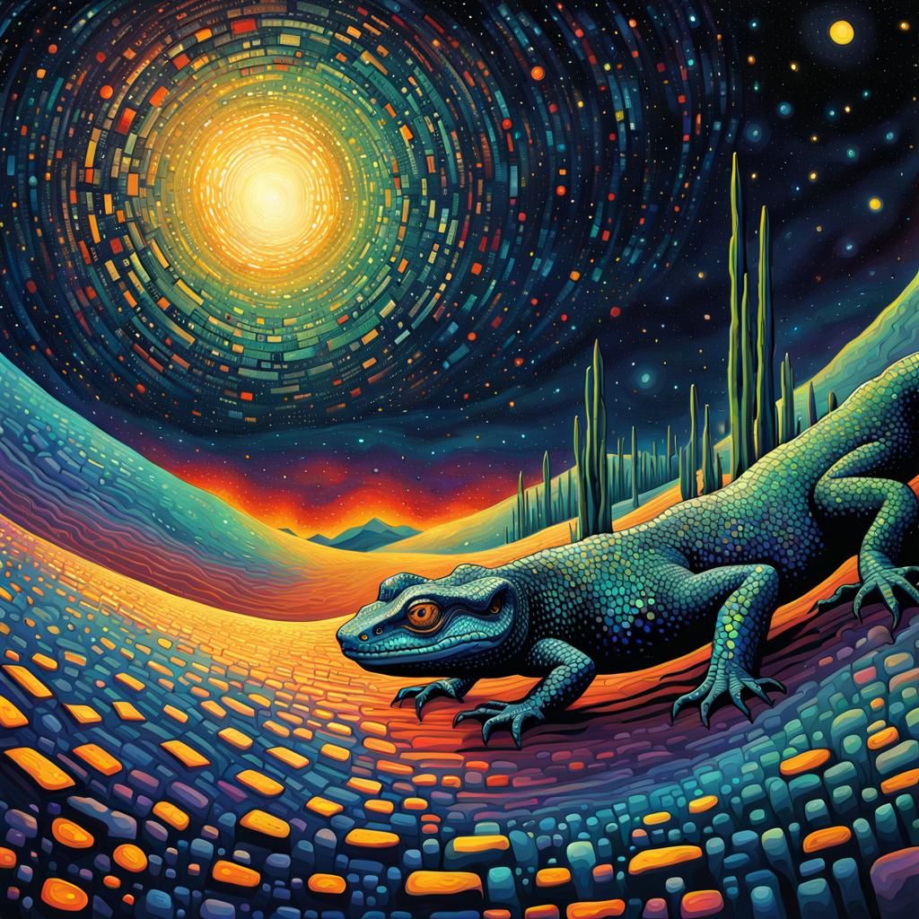Lizard in Starry Desert: Iridescent Geometric Art