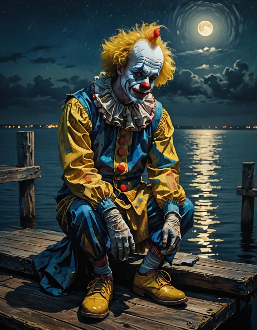 Sad Clown in Moonlit Expressionism Style