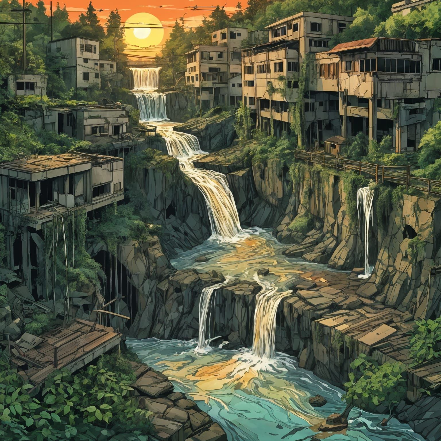 Overgrown Buildings with Waterfalls at Sunset