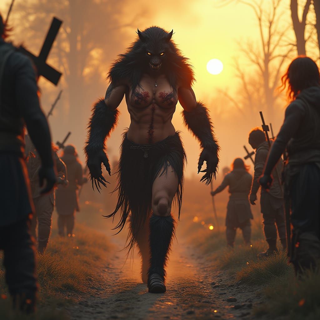 Medieval Woman Transforms into Beast amidst Burning Village