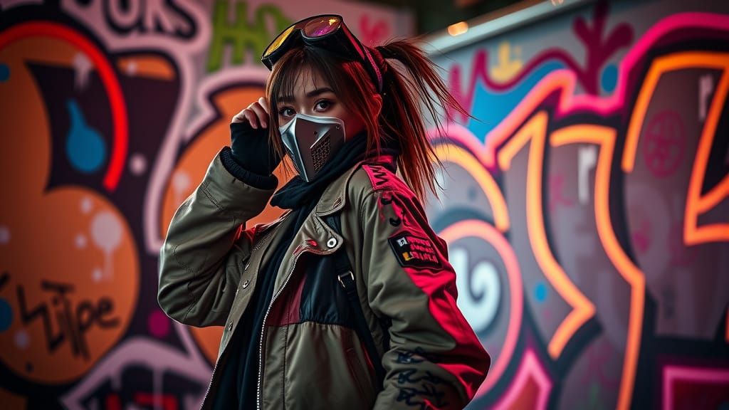 Street Artist in Cyberpunk Style with Graffiti Background