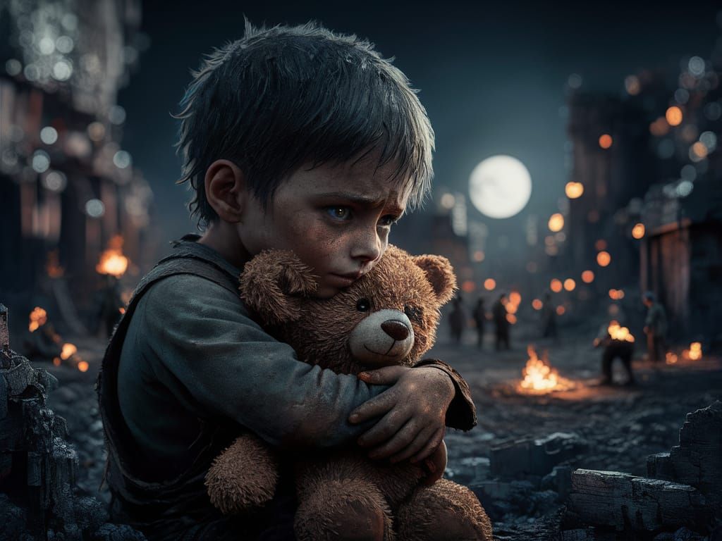 Sorrow and Hope: Boy with Teddy Bear in Ruins