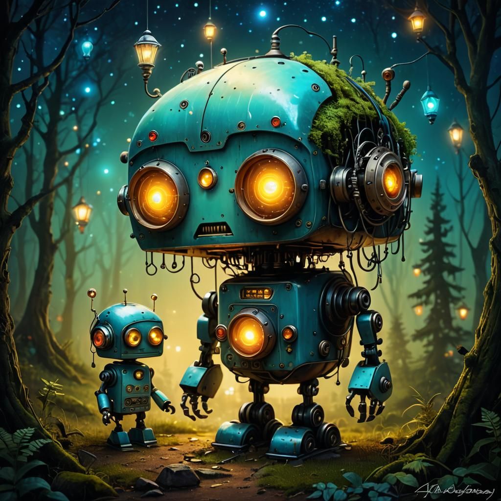 Robot Lampshades in Enchanted Forest: Surreal Glitchcore