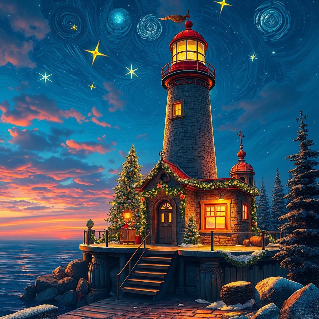 Vibrant Christmas Lighthouse in Whimsical Van Gogh Style