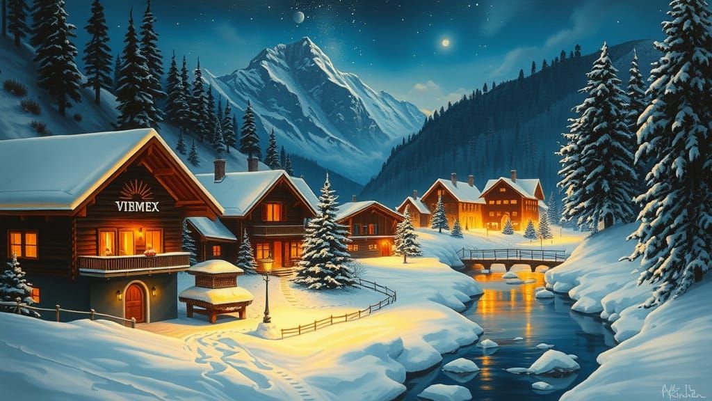 Cozy Swiss Alpine Village at Night Oil Painting