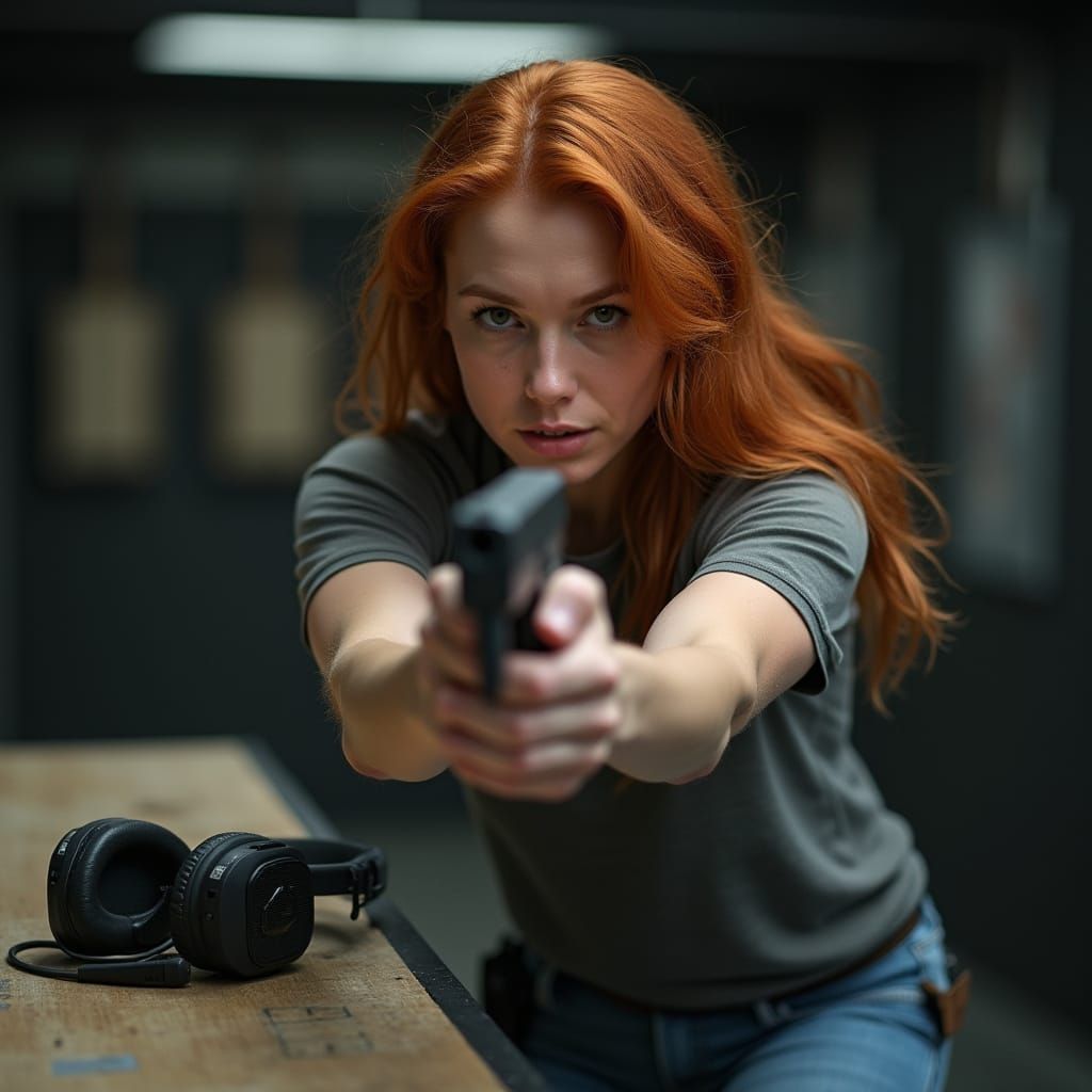 Red-Haired Woman Aims Pistol at Gun Range