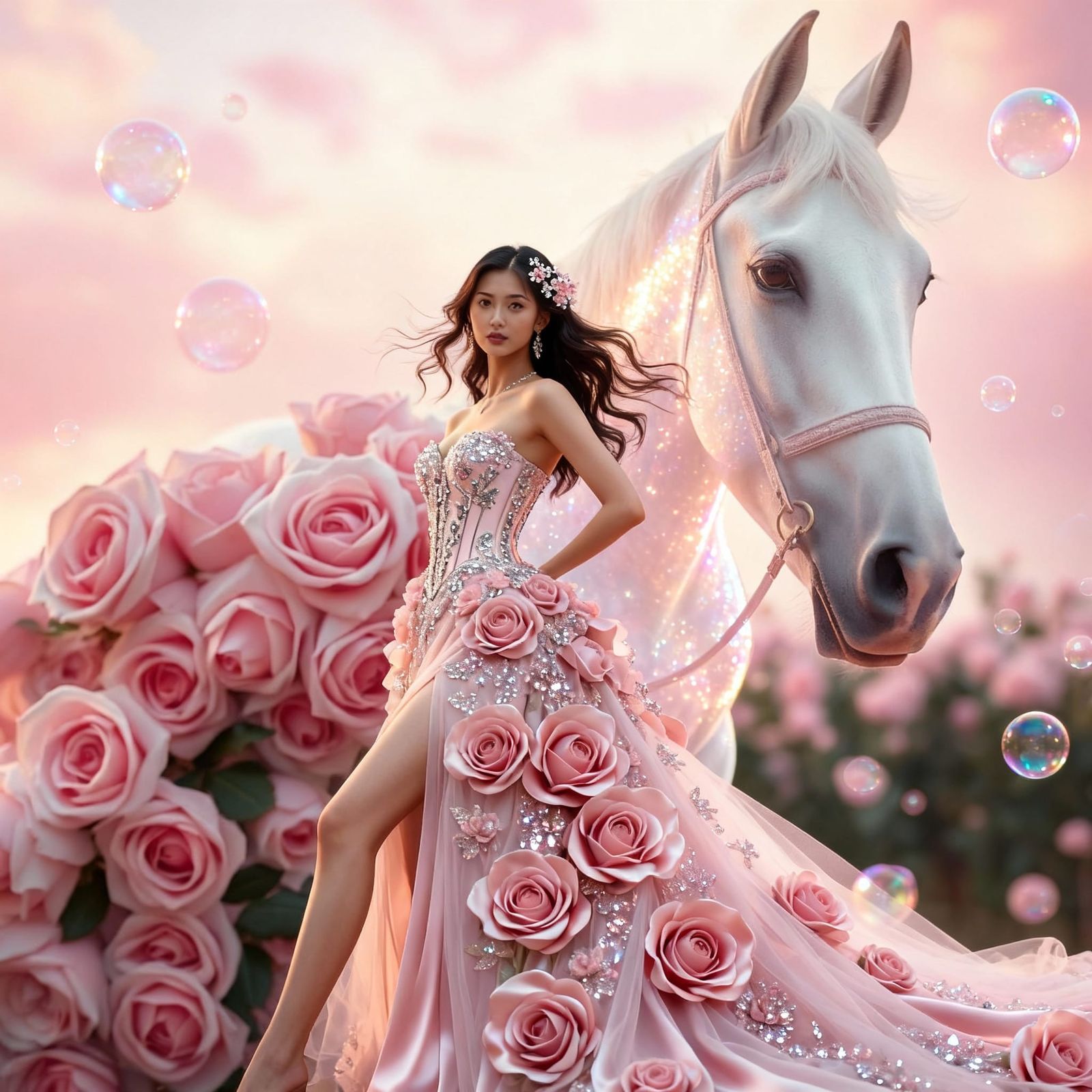 Elegant Asian Woman With White Horse in Luxury Gown