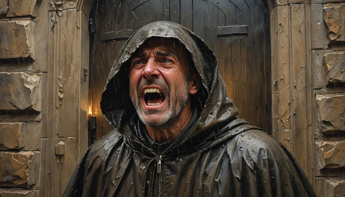 Dramatic Oil Painting of Man Screaming in Rain