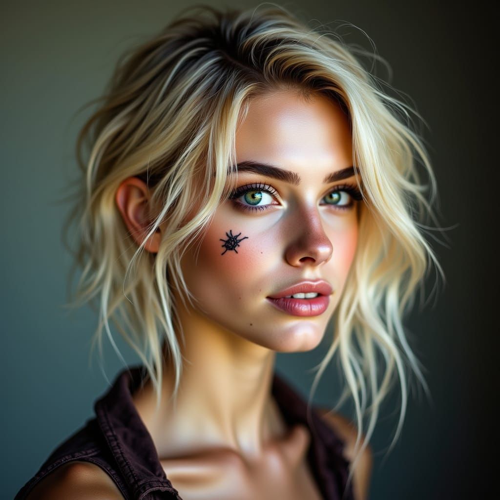 Rebellious Beauty Portrait: Blonde Woman with Rose Tattoo
