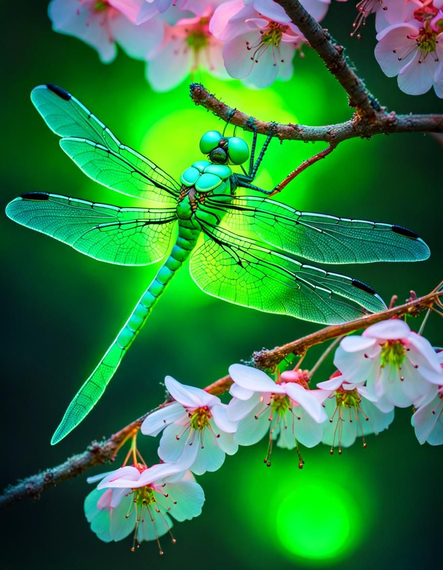 Celestial Dragonfly on Cherry Branch in Light Art